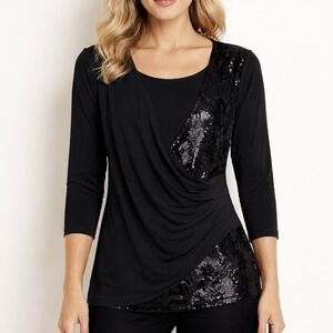 Picadilly Fashions Women's Sequin Mesh Ruched Blouse Black Whimsigoth Size M